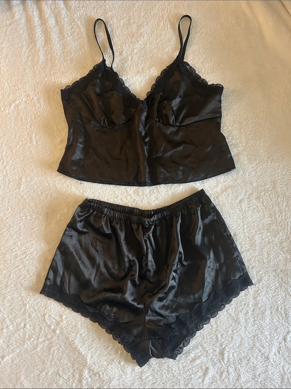 SHEIN Black Satin Lace Cami & Shorts Sleep Set